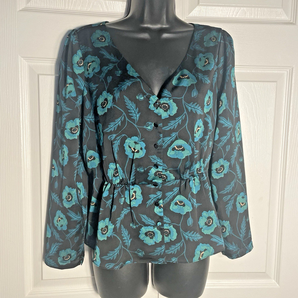 J Crew Shirt Women 6 Black Green Poppies Button Up Bloomcore‎ Blouse Grunge Top